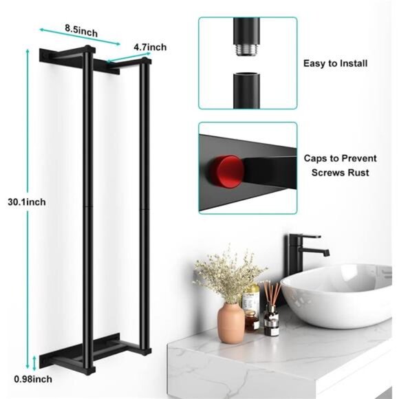 Wall Towel Rack, 2 Bar Towel Racks, Metal Bath Towel Holder, Black - Picture 3 of 8
